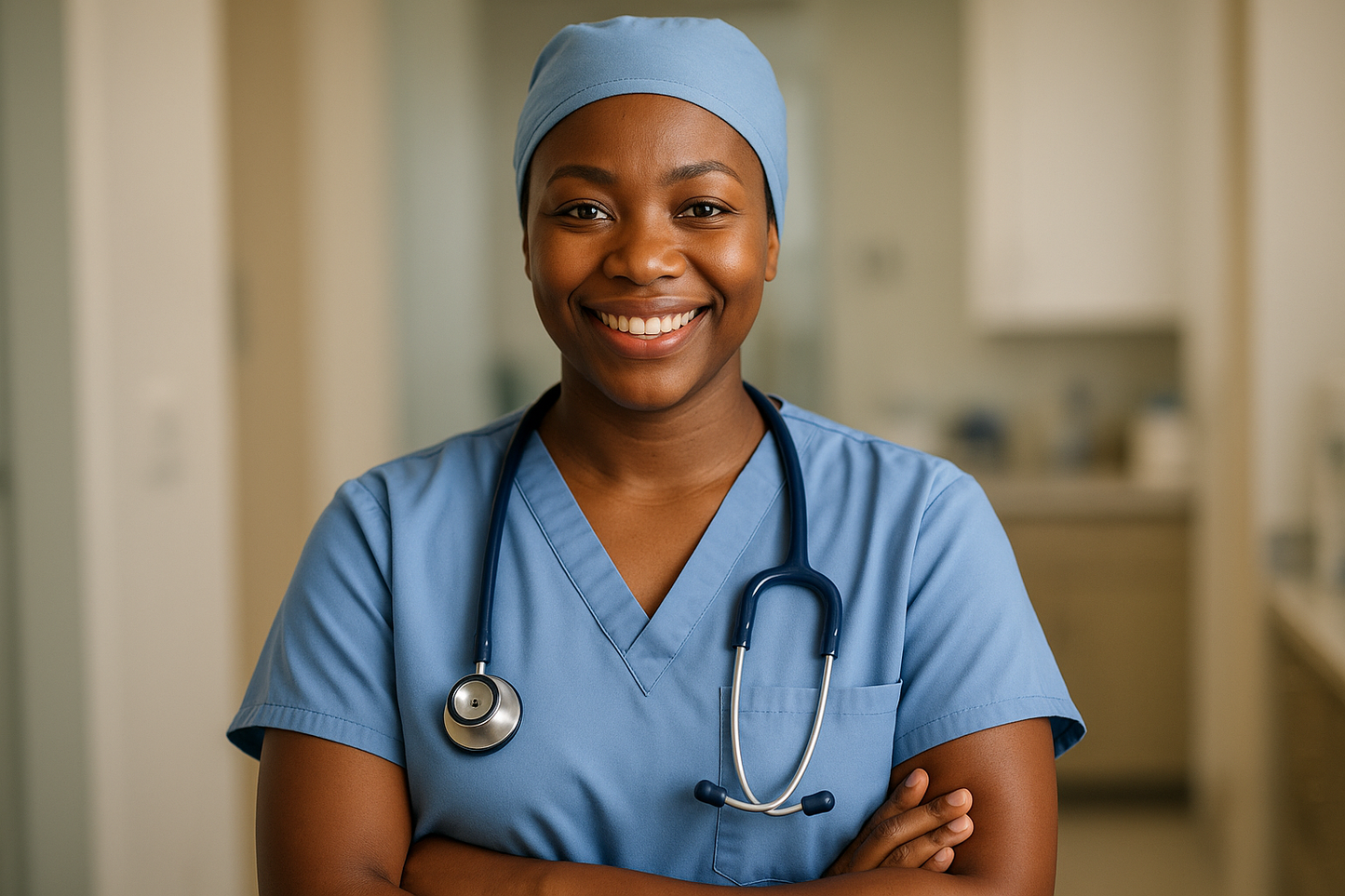 Black nurse with scrub cap