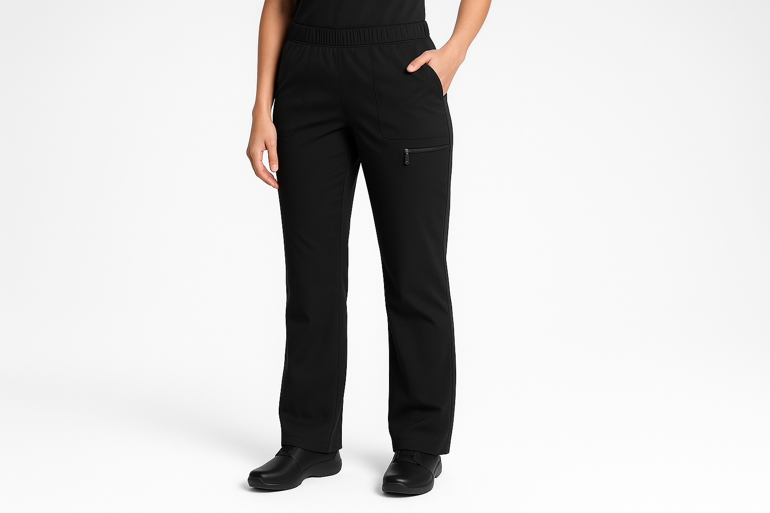 Create women black straight leg scrub pants with zipper pockets 
