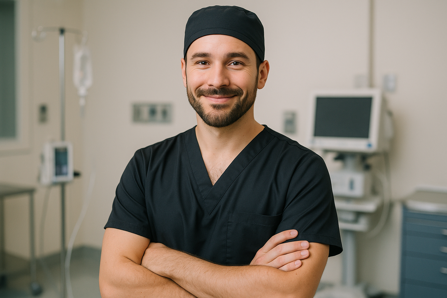 Generate a male nurse with black scrub cap